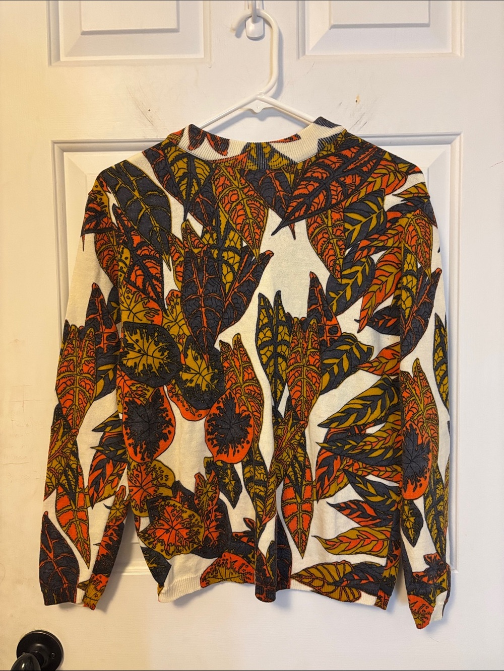 Vintage 60s 70s Sportempos Fall Leaf Print Zip Back Mock Neck Sweater